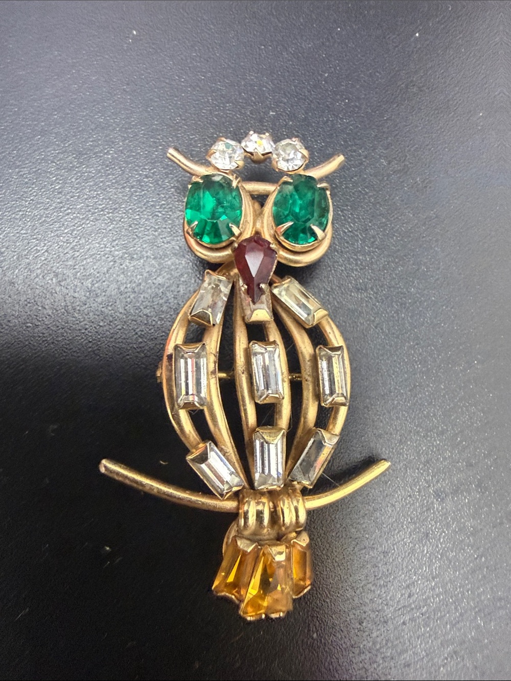 Scitarelli Gold-Tone Owl Brooch with Emerald Green and Amber Stones